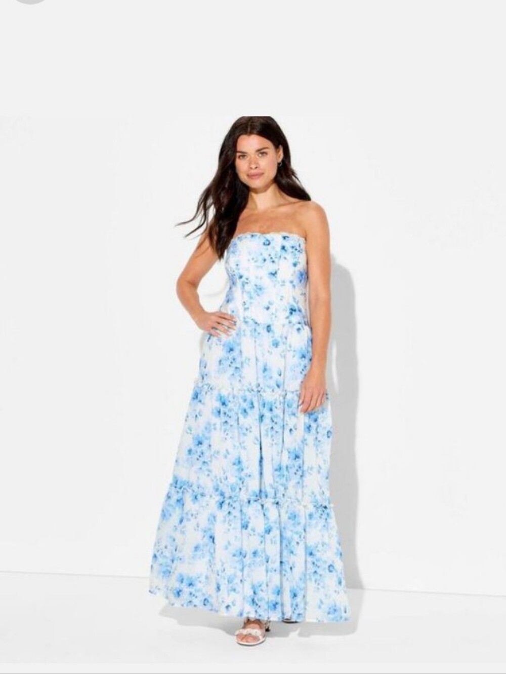 Wild Fable Strapless Blue Floral Corset Tiered Dress M
